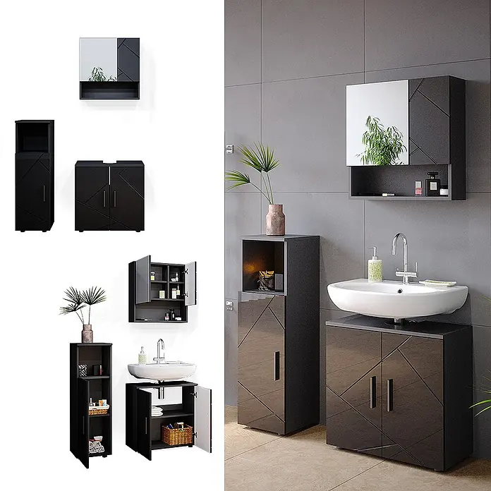 Vicco Badmöbel-Set Irma Anthrazit Hochglanz 3 Teile - Gesamtbreite Badmöbel: 90 cm, Anthrazit Hochglanz, Glänzend - Schwarze modulare Badmöbel mit geometrischen Türverzierungen: Spiegelschrank, Waschtischunterschrank, Hochschrank.