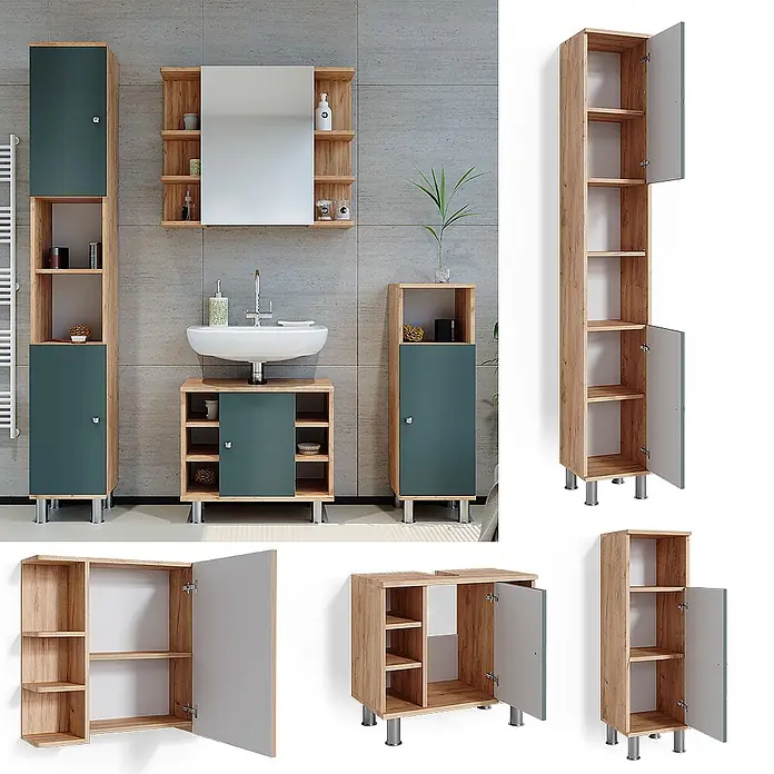 Vicco Badmöbel-Set Fynn Grün 4 Teile - Gesamtbreite Badmöbel: 120 cm, Grün, Matt - Badezimmermöbel-Set: Eichenoptik-Schränke mit dunkelgrünen Türen. Enthält Hochschrank, Waschtischunterschrank und Spiegelschrank.