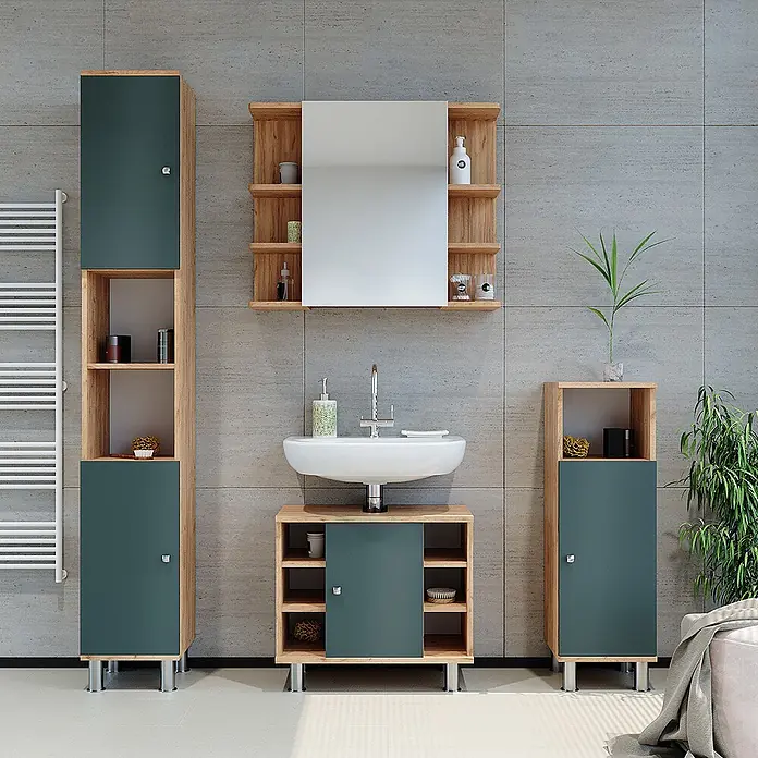 Vicco Badmöbel-Set Fynn Grün 4 Teile - Gesamtbreite Badmöbel: 120 cm, Grün, Matt - Modernes Badmöbelset mit hellen Holzrahmen und dunkelgrünen Türen, bestehend aus Hochschrank, Waschtischunterschrank und Spiegelschrank.