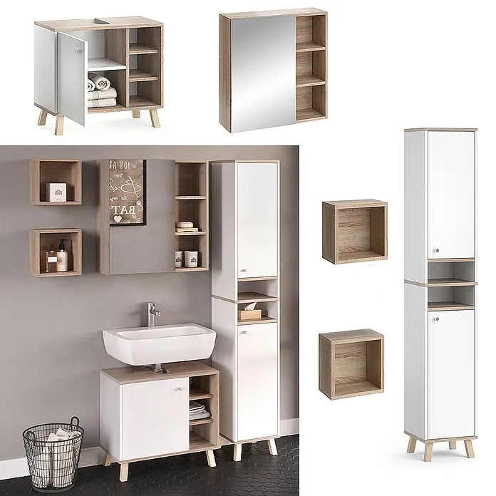 Vicco Badmöbel-Set Senyo Weiß 4 Teile, mit Hochschrank - Gesamtbreite Badmöbel: 90 cm, Weiß, Matt - Modernes Badmöbelset aus hellem Holz und Weiß: Waschtischunterschrank mit Waschbecken, hoher Schrank, Spiegelschrank und quadratische Wandregale.