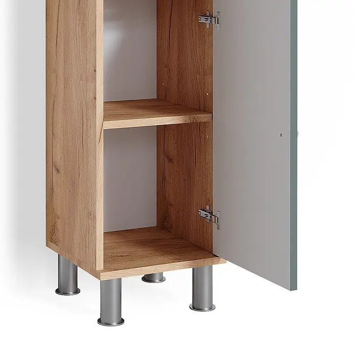 Vicco Badmöbel-Set Fynn Grün 4 Teile - Gesamtbreite Badmöbel: 120 cm, Grün, Matt - Hoher Schrank in Eichenoptik mit offener hellgrauer Tür, zeigt zwei Einlegeböden, auf Metallbeinen.