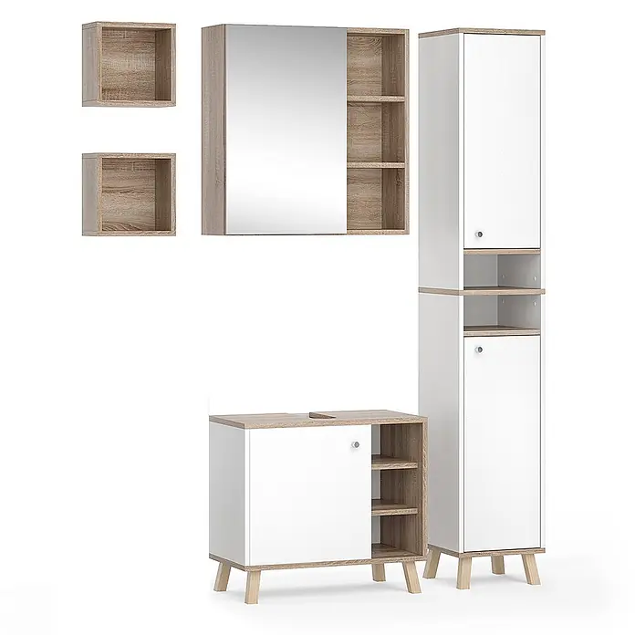 Vicco Badmöbel-Set Senyo Weiß 4 Teile, mit Hochschrank - Gesamtbreite Badmöbel: 90 cm, Weiß, Matt - Modernes Badezimmermöbel-Set in Weiß & heller Holzoptik: Waschtisch, Hochschrank, Spiegelschrank & Wandregale.