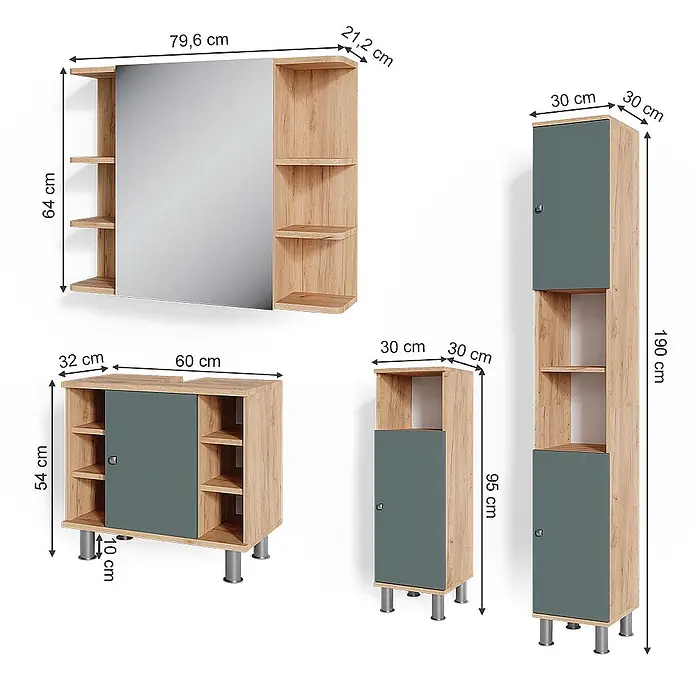 Vicco Badmöbel-Set Fynn Grün 4 Teile - Gesamtbreite Badmöbel: 120 cm, Grün, Matt - Badezimmermöbel-Set in Holzoptik und Dunkelgrau: Spiegelschrank, Unterschrank und Hochschränke.