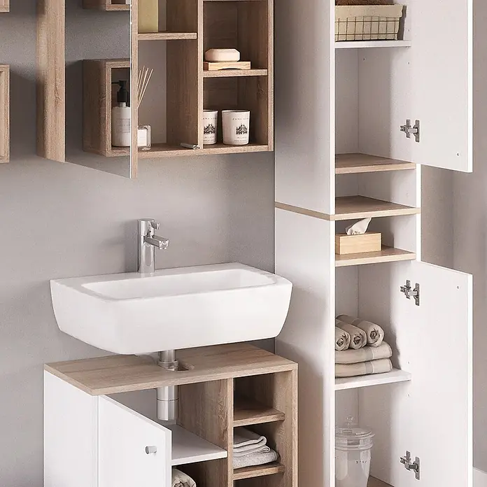 Vicco Badmöbel-Set Senyo Weiß 4 Teile, mit Hochschrank - Gesamtbreite Badmöbel: 90 cm, Weiß, Matt - Modernes Badmöbel-Set mit weißem Waschbecken, Waschtischunterschrank und passenden Wand- und Hochschränken aus hellem Holz.