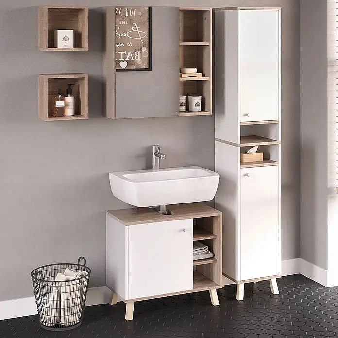 Vicco Badmöbel-Set Senyo Weiß 4 Teile, mit Hochschrank - Gesamtbreite Badmöbel: 90 cm, Weiß, Matt - Modernes Badezimmermöbelset: weißer Waschtisch mit Spüle, Spiegelschrank, Regale und Hochschrank mit hellen Holzakzenten.