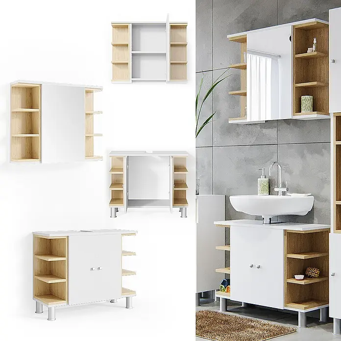 Vicco Badmöbel-Set Aquis Weiß 2 Teile - Gesamtbreite Badmöbel: 76,9 cm, Weiß, Matt - Modulares Badmöbel-Set in Weiß und Naturholz mit Spiegelschrank, Waschbeckenunterschrank und Stauraumschränken mit offenen Regalen und Türen.