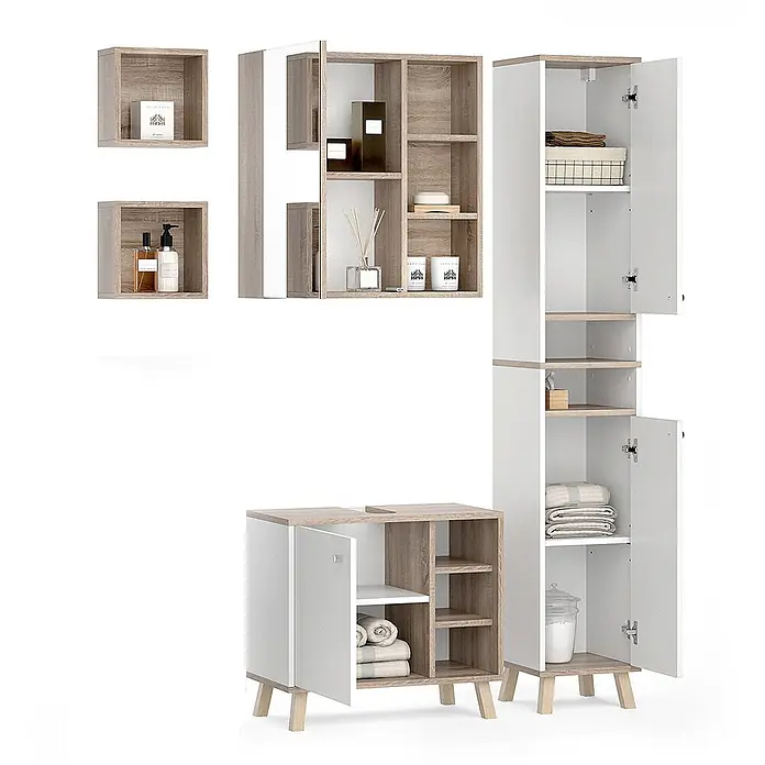Vicco Badmöbel-Set Senyo Weiß 4 Teile, mit Hochschrank - Gesamtbreite Badmöbel: 90 cm, Weiß, Matt - Modulare Badmöbel in Weiß und hellem Holz, mit offenem und geschlossenem Stauraum.