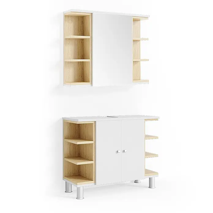 Vicco Badmöbel-Set Aquis Weiß 2 Teile - Gesamtbreite Badmöbel: 76,9 cm, Weiß, Matt - Weißes und helles Holz Badezimmermöbel-Set mit Spiegelschrank und Unterschrank mit offenen und geschlossenen Fächern.