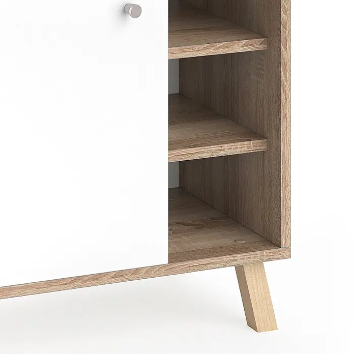 Vicco Badmöbel-Set Senyo Weiß 5 Teile - Gesamtbreite Badmöbel: 120 cm, Weiß, Matt - Weißer und heller Holzschrank mit offenen Regalen und einem Bein.