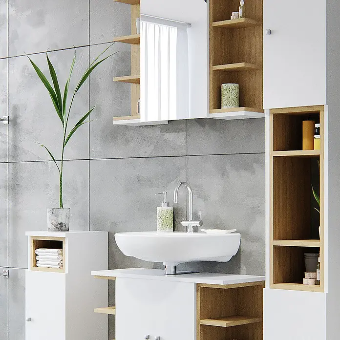 Vicco Badmöbel-Set Aquis Weiß 2 Teile - Gesamtbreite Badmöbel: 76,9 cm, Weiß, Matt - Modernes Badmöbelset in Weiß/Holzoptik mit Keramikwaschbecken, Armatur, Spiegelschrank und Stauraum.