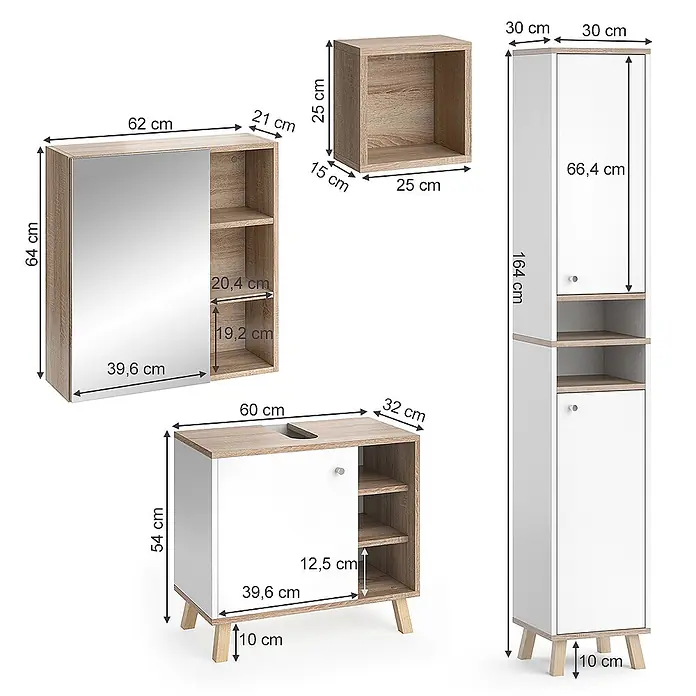 Vicco Badmöbel-Set Senyo Weiß 4 Teile, mit Hochschrank - Gesamtbreite Badmöbel: 90 cm, Weiß, Matt - Badezimmermöbel-Set in Weiß und hellem Holz: Spiegelschrank, Waschtischunterschrank, Hochschrank und kleines offenes Regal.