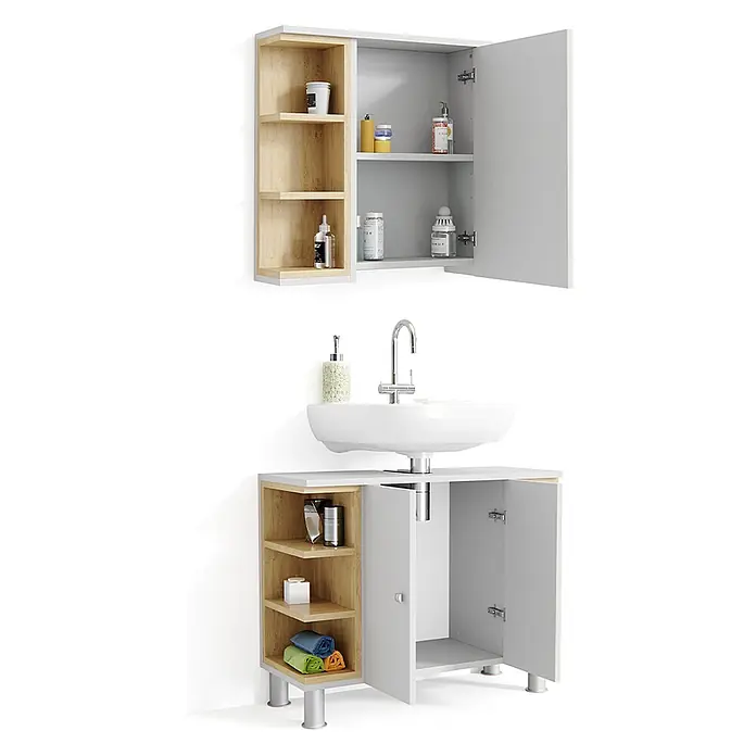Vicco Badmöbel-Set Aquis Weiß 2 Teile - Gesamtbreite Badmöbel: 76,9 cm, Weiß, Matt - Weißes Badschrank-Set mit Holzregalen, bestehend aus Wandschrank und Waschtischunterschrank mit Spüle.