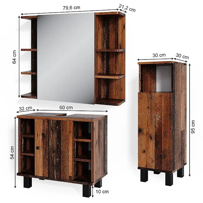 Vicco Badmöbel-Set Fynn Eiche rustikal 3 Teile, mit Midischrank - Gesamtbreite Badmöbel: 90 cm, Eiche rustikal, Matt - Rustikales dunkelbraunes Badmöbel-Set mit Spiegelschrank, Waschtischunterschrank und Hochschrank.