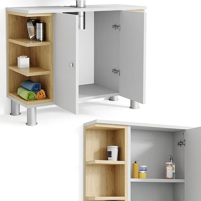 Vicco Badmöbel-Set Aquis Weiß 2 Teile - Gesamtbreite Badmöbel: 76,9 cm, Weiß, Matt - Weißer Badschrank mit hellen Holzregalen und geschlossenem Schrank, mit Spülenausschnitt und silbernen Beinen zur Aufbewahrung.