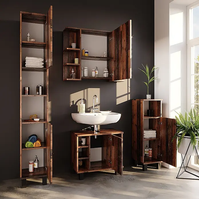 Vicco Badmöbel-Set Fynn Eiche rustikal 3 Teile, mit Midischrank - Gesamtbreite Badmöbel: 90 cm, Eiche rustikal, Matt - Badmöbel-Set aus dunklem Holz mit Hochschrank, Spiegelschrank, Waschtischunterschrank und Kommode, bietet viel Stauraum.