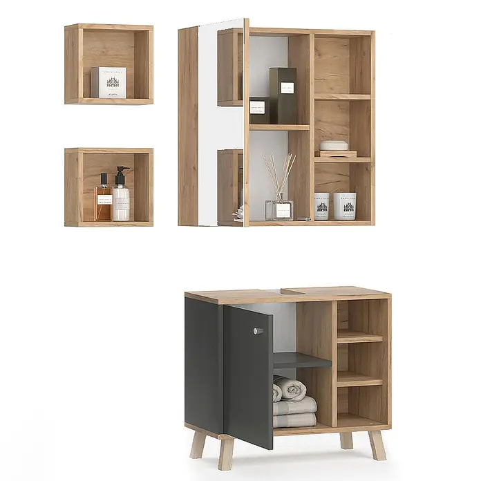 Vicco Badmöbel-Set Senyo Anthrazit 3 Teile - Gesamtbreite Badmöbel: 60 cm, Anthrazit, Matt - Badezimmermöbel-Set aus Holz mit Spiegelschrank, offenen Regalen und anthrazitfarbener Tür.