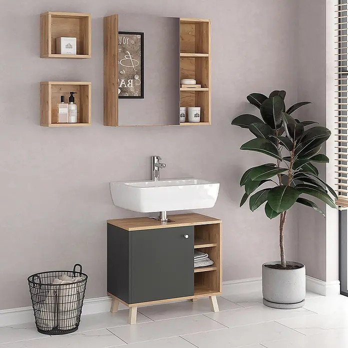 Vicco Badmöbel-Set Senyo Anthrazit 3 Teile - Gesamtbreite Badmöbel: 60 cm, Anthrazit, Matt - Modernes Badmöbelset in Holzoptik und Dunkelgrau mit Waschbecken, Spiegelschrank und Wandregalen für Stauraum.