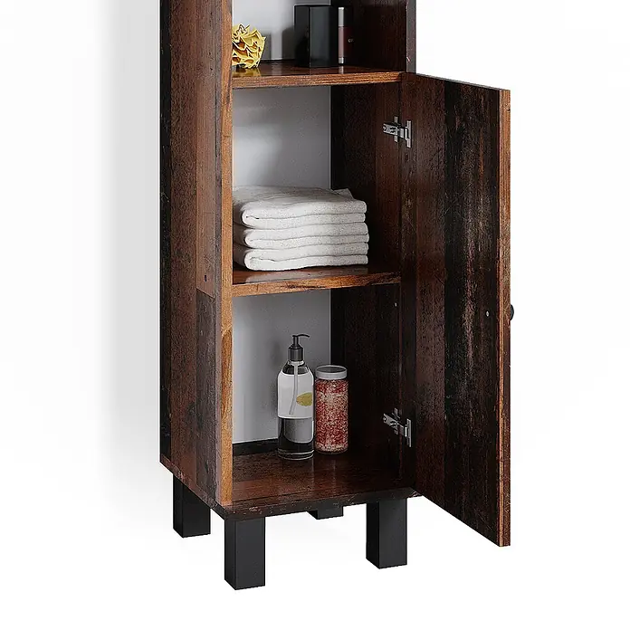 Vicco Badmöbel-Set Fynn Eiche rustikal 3 Teile, mit Midischrank - Gesamtbreite Badmöbel: 90 cm, Eiche rustikal, Matt - Rustikaler brauner Holzschrank mit offenen Regalen und geschlossenem Fach, schwarzen Beinen und Stauraum für Handtücher und Badartikel.