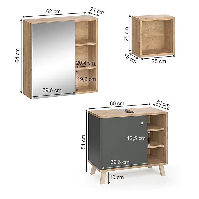 Vicco Badmöbel-Set Senyo Anthrazit 3 Teile - Gesamtbreite Badmöbel: 60 cm, Anthrazit, Matt - Holzoptik und dunkelgraues Badezimmermöbel-Set: Spiegelschrank, kleines Würfelregal und Waschtischunterschrank mit Maßen.