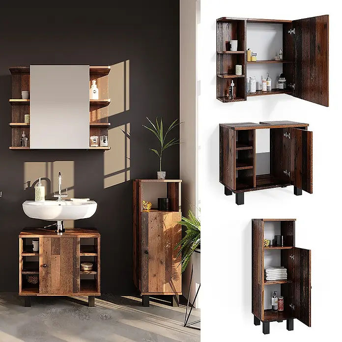 Vicco Badmöbel-Set Fynn Eiche rustikal 3 Teile, mit Midischrank - Gesamtbreite Badmöbel: 90 cm, Eiche rustikal, Matt - Badezimmermöbel-Set aus dunklem, rustikalem Holz mit Spiegel, Waschtisch und Hochschrank mit geöffneten Türen.