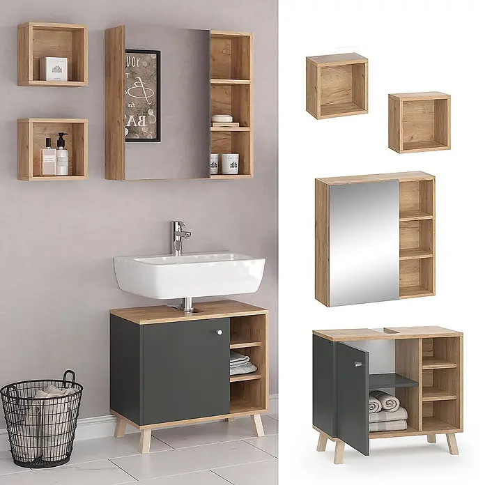 Vicco Badmöbel-Set Senyo Anthrazit 3 Teile - Gesamtbreite Badmöbel: 60 cm, Anthrazit, Matt - Badezimmermöbel-Set in Eichen-Optik mit grauem Waschtisch, weißem Waschbecken, Spiegelschrank und zwei Wandwürfeln.