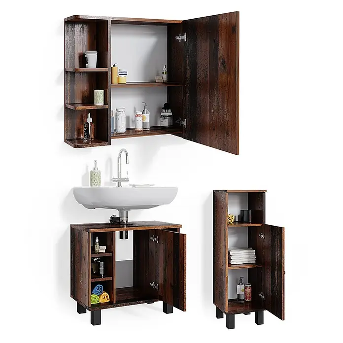 Vicco Badmöbel-Set Fynn Eiche rustikal 3 Teile, mit Midischrank - Gesamtbreite Badmöbel: 90 cm, Eiche rustikal, Matt - Dunkelbraunes Badmöbel-Set aus Holz mit Wandschrank, Waschtischunterschrank und hohem Schrank.