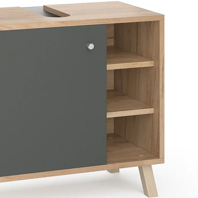 Vicco Badmöbel-Set Senyo Anthrazit 3 Teile - Gesamtbreite Badmöbel: 60 cm, Anthrazit, Matt - Holzschrank mit dunkelgrauer Schiebetür und offenen Regalen.