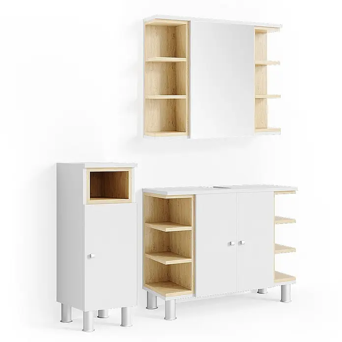 Vicco Badmöbel-Set Aquis Weiß 3 Teile - Gesamtbreite Badmöbel: 106,9 cm, Weiß, Matt - Modernes weiß-helles Holzmöbelset: Spiegelschrank; hoher und breiter Schrank mit Regalen und Türen, beide mit silbernen Beinen.
