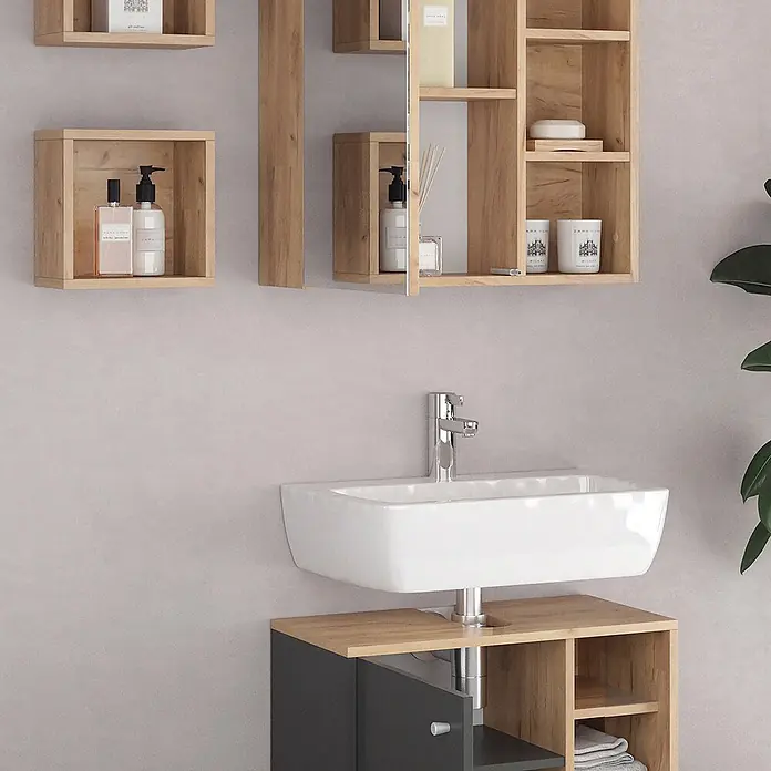 Vicco Badmöbel-Set Senyo Anthrazit 3 Teile - Gesamtbreite Badmöbel: 60 cm, Anthrazit, Matt - Modernes Badmöbel-Set mit hellen Holz-Wandregalen und einem dunkelgrauen Waschtischunterschrank aus Holz.