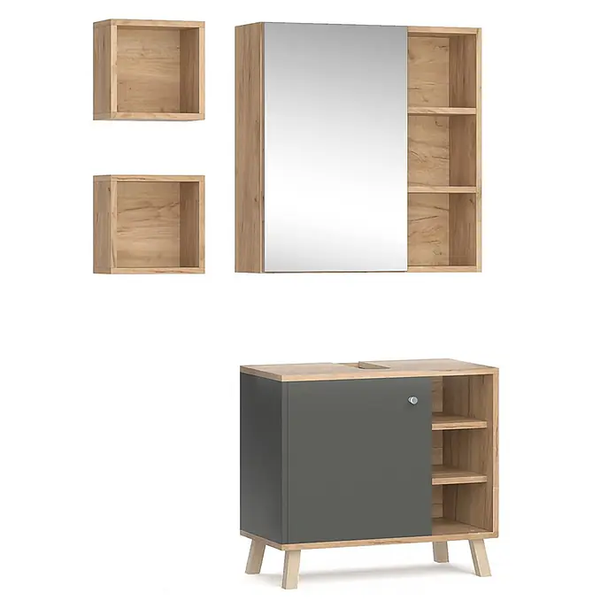 Vicco Badmöbel-Set Senyo Anthrazit 3 Teile - Gesamtbreite Badmöbel: 60 cm, Anthrazit, Matt - Badezimmermöbel-Set: Spiegelschrank aus hellem Holz mit Stauraum, zwei quadratische Regale und ein Waschtischunterschrank mit dunkelgrauer Tür.