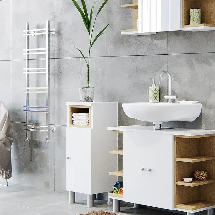 Vicco Badmöbel-Set Aquis Weiß 3 Teile - Gesamtbreite Badmöbel: 106,9 cm, Weiß, Matt - Modernes weißes Badezimmermöbelset aus Holz mit Waschtisch, Waschbecken und hohem Schrank.