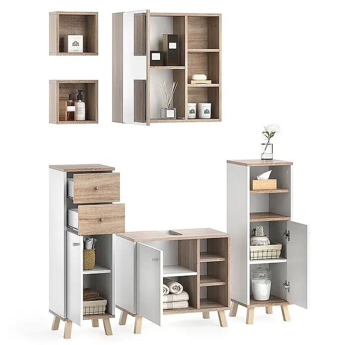 Vicco Badmöbel-Set Senyo Weiß 5 Teile, mit Regalen - Gesamtbreite Badmöbel: 120 cm, Weiß, Matt - Modernes Badmöbel-Set in Weiß und hellem Holz mit verschiedenen Wand- und Bodenschränken.