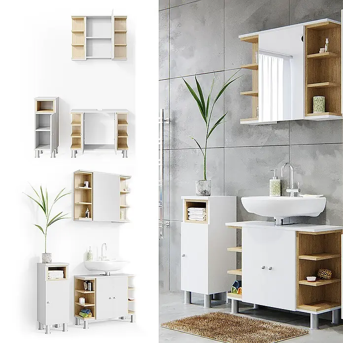 Vicco Badmöbel-Set Aquis Weiß 3 Teile - Gesamtbreite Badmöbel: 106,9 cm, Weiß, Matt - Weißes Badezimmerschrank-Set mit hellen Holzakzenten: Spiegelschrank, Hochschrank und Waschtischunterschrank mit silbernen Füßen.