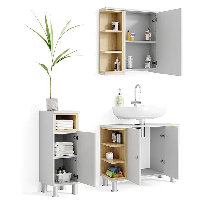 Vicco Badmöbel-Set Aquis Weiß 3 Teile - Gesamtbreite Badmöbel: 106,9 cm, Weiß, Matt - Modernes hellgraues Badmöbel-Set mit Holzoptik-Regalen, inkl. Wandschrank, Hochschrank und Waschtischunterschrank.
