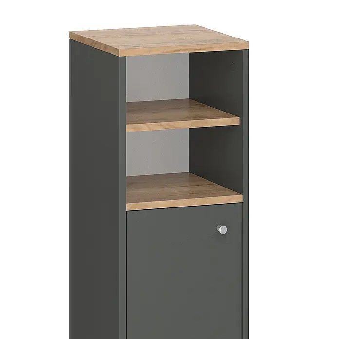 Vicco Badmöbel-Set Senyo Anthrazit 4 Teile, mit Hängeschrank - Gesamtbreite Badmöbel: 90 cm, Anthrazit, Matt - Hoher, schmaler Anthrazit-Schrank mit heller Holzplatte und -regalen. Zwei offene Fächer, unten ein geschlossener Schrank mit silbernem Knauf.