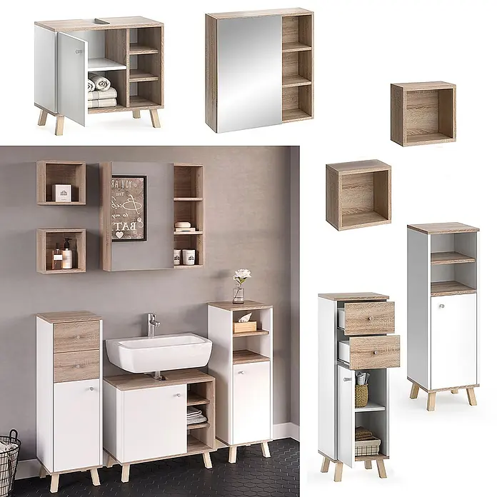 Vicco Badmöbel-Set Senyo Weiß 5 Teile, mit Regalen - Gesamtbreite Badmöbel: 120 cm, Weiß, Matt - Badezimmermöbelset in Weiß und hellem Holz, bestehend aus Waschtisch, Spiegel und verschiedenen Schränken.