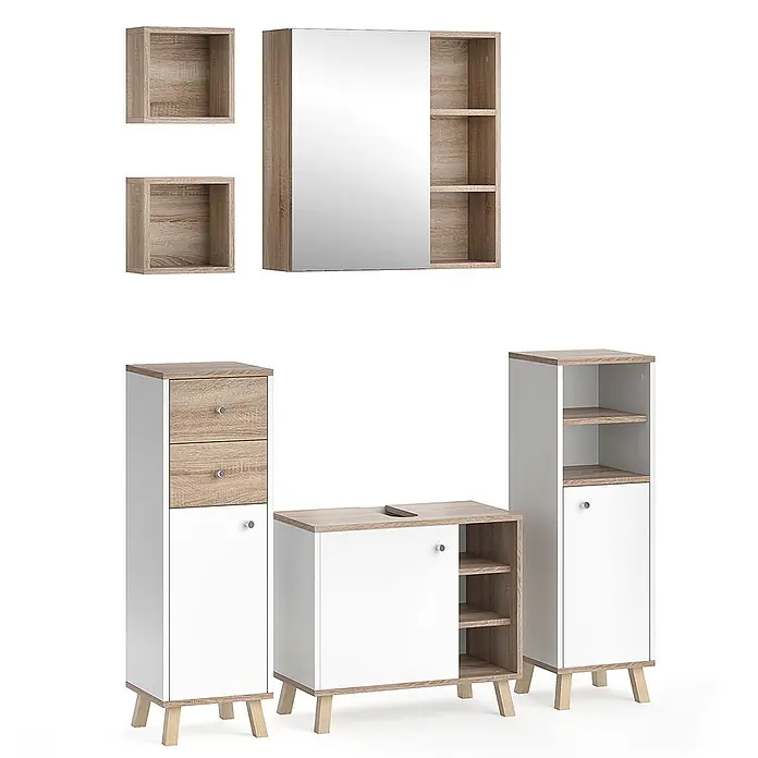 Vicco Badmöbel-Set Senyo Weiß 5 Teile, mit Regalen - Gesamtbreite Badmöbel: 120 cm, Weiß, Matt - Modulares Badezimmermöbelset in Weiß mit hellen Holz-Akzenten, inklusive Spiegelschrank, Regalen und Schranksystem.