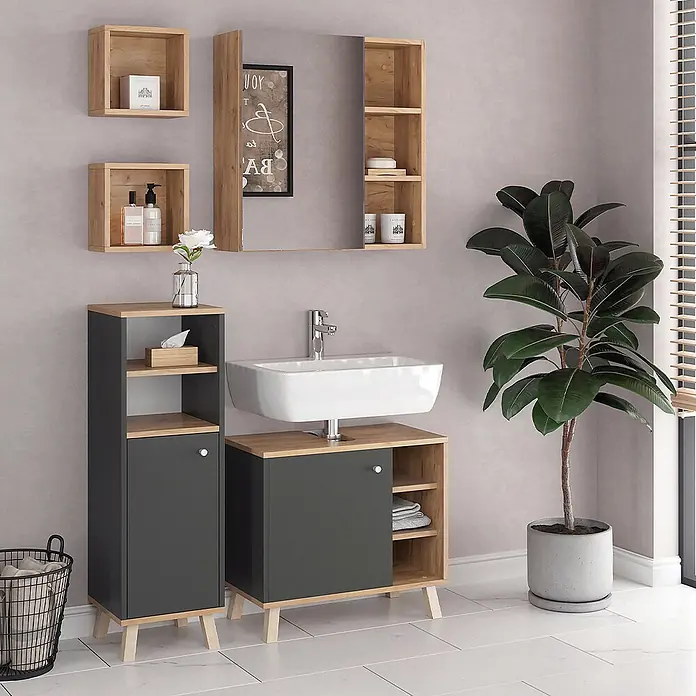 Vicco Badmöbel-Set Senyo Anthrazit 4 Teile, mit Hängeschrank - Gesamtbreite Badmöbel: 90 cm, Anthrazit, Matt - Modernes Badezimmerset in Grau und hellem Holz: Waschbeckenunterschrank, Hochschrank, Wandregale und Spiegel, in zeitgemäßem Ambiente.