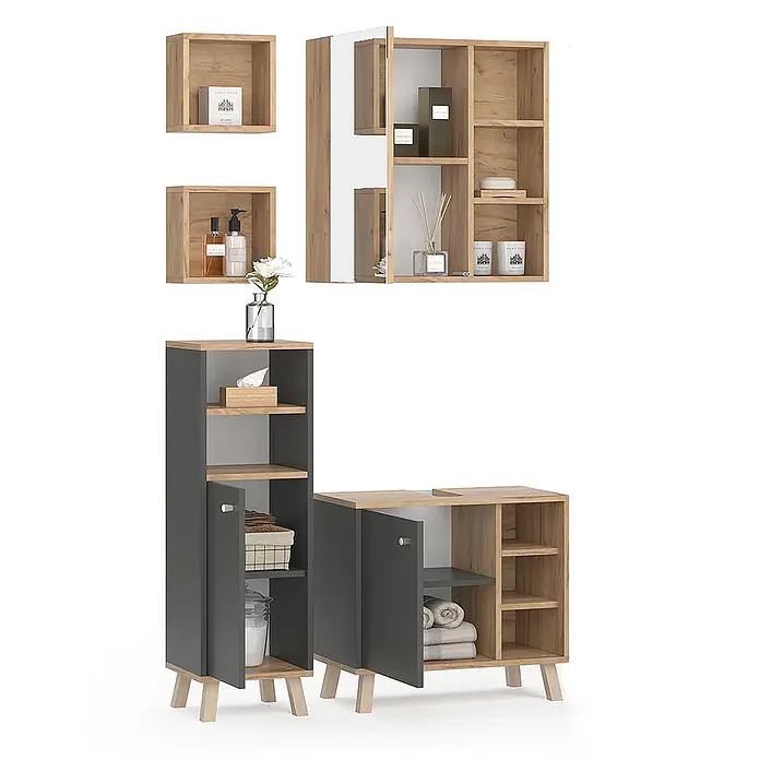 Vicco Badmöbel-Set Senyo Anthrazit 4 Teile, mit Hängeschrank - Gesamtbreite Badmöbel: 90 cm, Anthrazit, Matt - Modernes Badmöbel-Set: Wandregale, Spiegelschrank und Bodenschränke in Holzoptik und Dunkelgrau.
