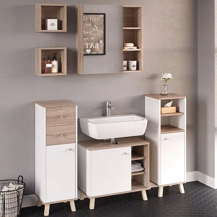 Vicco Badmöbel-Set Senyo Weiß 5 Teile, mit Regalen - Gesamtbreite Badmöbel: 120 cm, Weiß, Matt - Modernes Badmöbelset in Weiß und heller Holzoptik mit Waschtisch, Hochschränken und Wandregalen für zusätzlichen Stauraum.