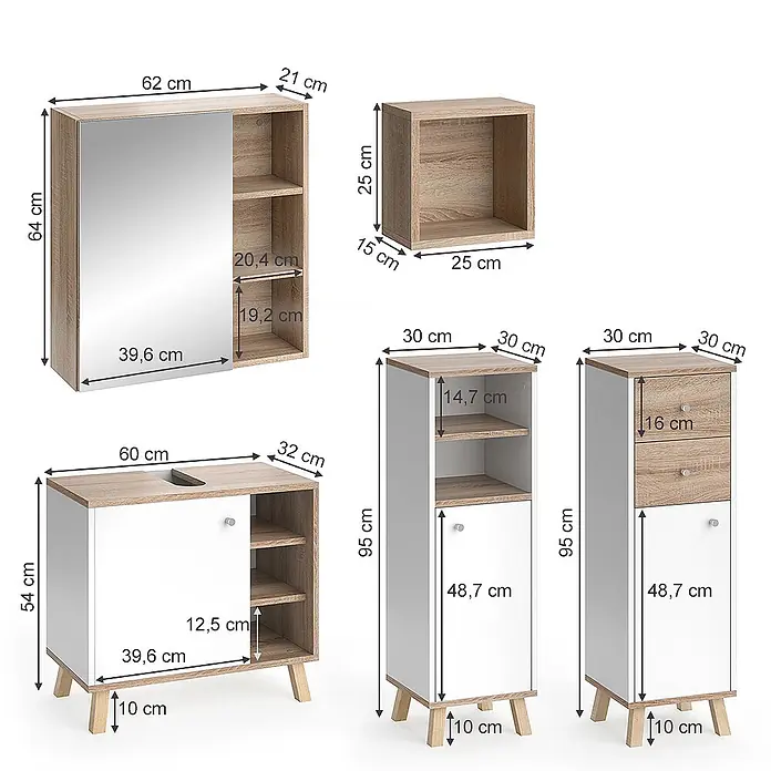 Vicco Badmöbel-Set Senyo Weiß 5 Teile, mit Regalen - Gesamtbreite Badmöbel: 120 cm, Weiß, Matt - Badezimmermöbel-Set in heller Holzoptik und Weiß, inklusive Spiegelschrank, Waschtischunterschrank und Hochschränken.