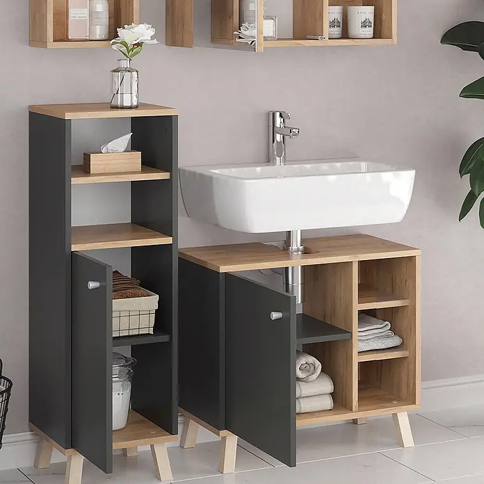 Vicco Badmöbel-Set Senyo Anthrazit 4 Teile, mit Hängeschrank - Gesamtbreite Badmöbel: 90 cm, Anthrazit, Matt - Badezimmer-Aufbewahrungsset aus Dunkelgrau und Naturholz mit Hochschrank und Unterschrank, mit offenen Regalen und Türen.
