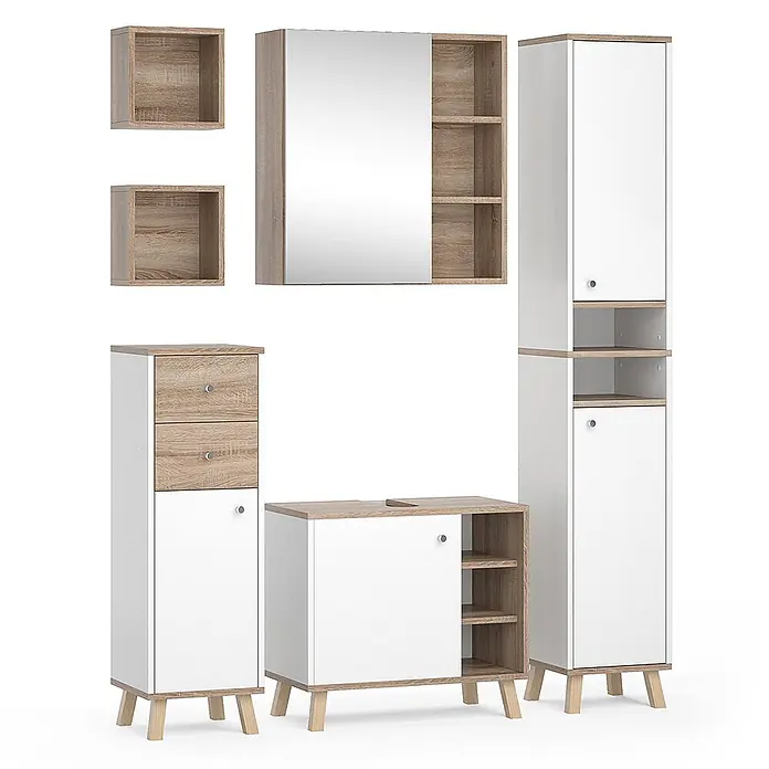 Vicco Badmöbel-Set Senyo Weiß 5 Teile - Gesamtbreite Badmöbel: 120 cm, Weiß, Matt - Modernes Badezimmermöbel-Set in Weiß und heller Holzoptik: Schränke, Schubladen, Spiegel, Waschtischunterschrank.