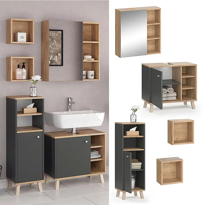 Vicco Badmöbel-Set Senyo Anthrazit 4 Teile, mit Hängeschrank - Gesamtbreite Badmöbel: 90 cm, Anthrazit, Matt - Modulares Badezimmermöbelset in Dunkelgrau und hellem Holz, mit Spiegelschrank, Waschbeckenunterschrank, Hochschrank und Wandregalen.