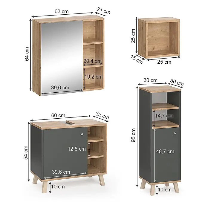 Vicco Badmöbel-Set Senyo Anthrazit 4 Teile, mit Hängeschrank - Gesamtbreite Badmöbel: 90 cm, Anthrazit, Matt - Vier moderne Badmöbel: Spiegelschrank, Würfelregal, Waschbeckenunterschrank und hoher Schrank, in Eichenoptik und Dunkelgrau.