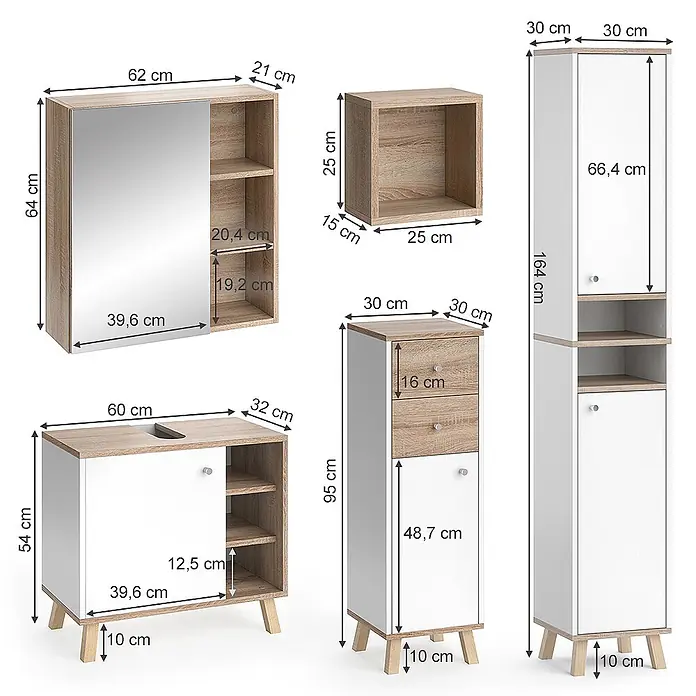 Vicco Badmöbel-Set Senyo Weiß 5 Teile - Gesamtbreite Badmöbel: 120 cm, Weiß, Matt - Set aus hellen Holz- und weißen Badmöbeln mit Spiegel, Waschbeckenunterschrank und Schränken, inklusive Maßen.