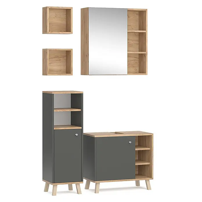Vicco Badmöbel-Set Senyo Anthrazit 4 Teile, mit Hängeschrank - Gesamtbreite Badmöbel: 90 cm, Anthrazit, Matt - Modernes Badmöbel-Set in Eichenoptik und Dunkelgrau, mit Spiegelschrank, Wandregalen, Hochschrank und Waschtischunterschrank.