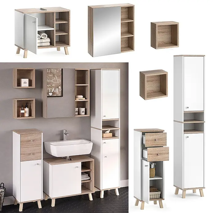 Vicco Badmöbel-Set Senyo Weiß 5 Teile - Gesamtbreite Badmöbel: 120 cm, Weiß, Matt - Moderne Badmöbel-Kollektion in Weiß und hellem Holz, bestehend aus Waschtischunterschrank, Spiegelschrank und Hochschränken.