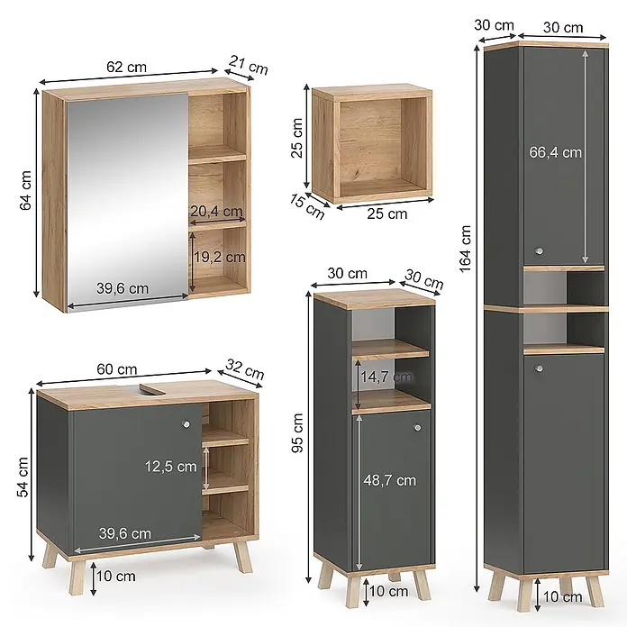 Vicco Badmöbel-Set Senyo, Anthrazit 60 cm -  - Modernes Badmöbelset in Eiche und Dunkelgrau, bestehend aus Spiegelschrank, Waschtischunterschrank und Hochschränken.