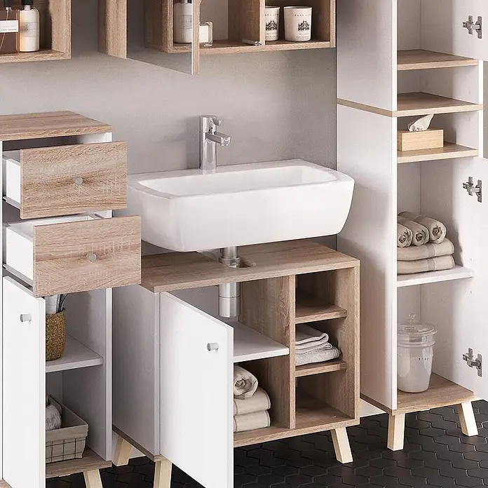 Vicco Badmöbel-Set Senyo Weiß 5 Teile - Gesamtbreite Badmöbel: 120 cm, Weiß, Matt - Weißer und hellbrauner Badezimmerschrank mit rechteckigem Waschbecken, offenen Fächern, Schubladen und Schrankstauraum.
